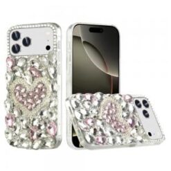 iPhone 17 Pro Max Full Diamond with Ornaments Case Cover - Hearty Pink Pearl Heart
