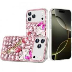 iPhone 17 Pro Max Full Diamond with Ornaments Case Cover - Pink Exquisite Garden