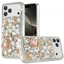 iPhone 17 Pro Max Full Diamond with Ornaments Case Cover - Silver Panda Floral