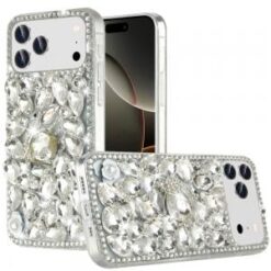 iPhone 17 Pro Max Full Diamond with Ornaments Case Cover - Silver Swan Crown Pearl