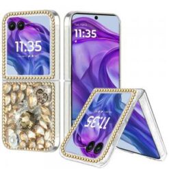 Motorola Razr+ Plus 2024 Full Diamond with Ornaments Hard TPU - Gold Swan Crown Pearl