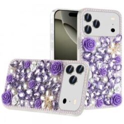 iPhone 17 Pro Max Rose Flower Full Diamond Bling Stones - Purple