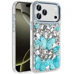 iPhone 17 Pro Max Lavished Floral Butterfly Bling Stones Hybrid Case - Blue