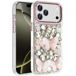 iPhone 17 Pro Max Lavished Floral Butterfly Bling Stones Hybrid Case - Pink