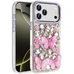 iPhone 17 Pro Max Lavished Floral Butterfly Bling Stones Hybrid Case - Purple