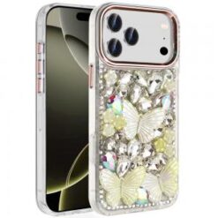 iPhone 17 Pro Max Lavished Floral Butterfly Bling Stones Hybrid Case - Rose Gold