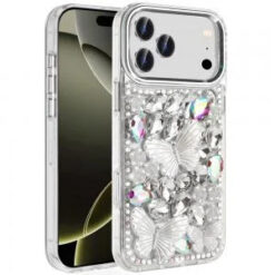iPhone 17 Pro Max Lavished Floral Butterfly Bling Stones Hybrid Case - Silver
