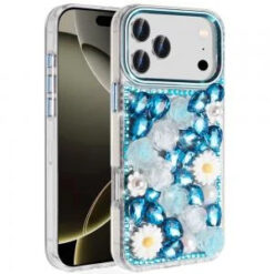 iPhone 17 Pro Max Spectacular Full Bling Stones Glitter HQ Hybrid Floral Series - Blue
