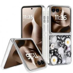 Motorola Razr Ultra 2025 Spectacular Full Bling Stones Glitter HQ Hybrid Floral Series - Black
