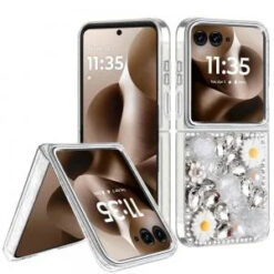 Motorola Razr Ultra 2025 Spectacular Full Bling Stones Glitter HQ Hybrid Floral Series - White