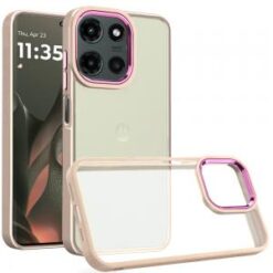 Motorola Edge 2025 Polished Oil Thick Acrylic Metal Button Hybrid Case Cover - Beige