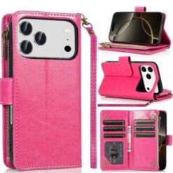 iPhone 17 Pro Max Luxury Wallet Card ID Zipper Money Holder Case Cover - Hot Pink