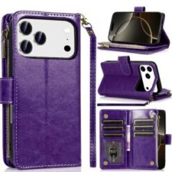 iPhone 17 Pro Max Luxury Wallet Card ID Zipper Money Holder Case Cover - Dark Purple