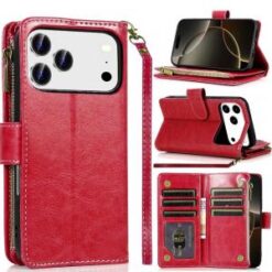 iPhone 17 Pro Max Luxury Wallet Card ID Zipper Money Holder Case Cover - Red