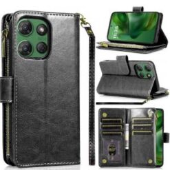 Moto G Power 2026/2025 Luxury Wallet Card ID Zipper Money Holder Case Cover - Black